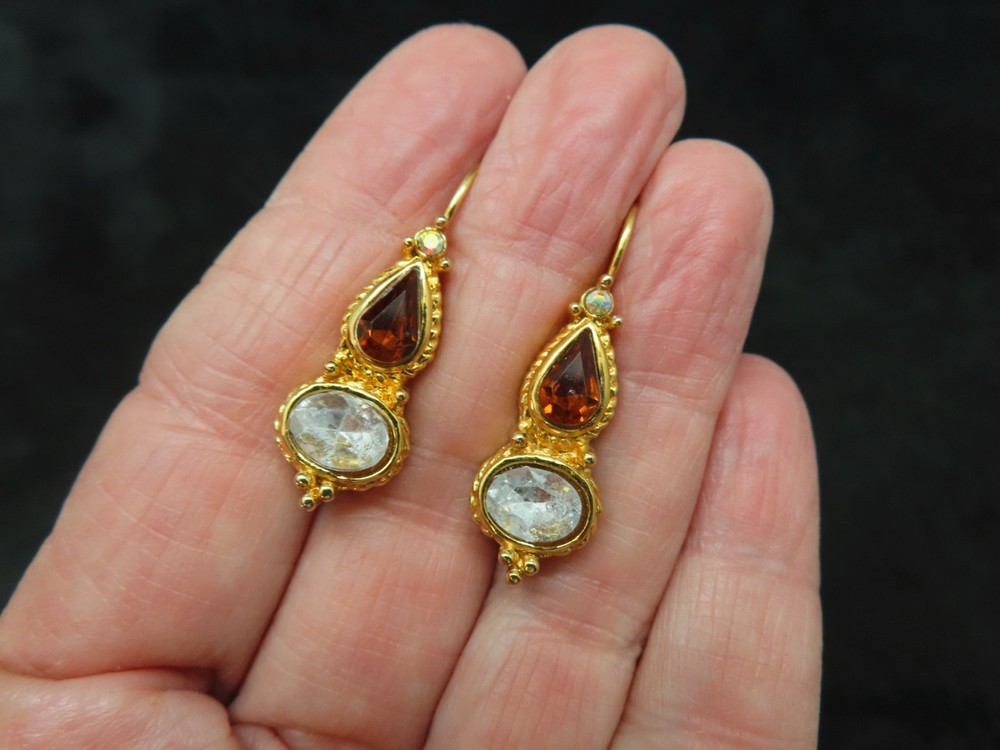 Vintage 1990’s Gold Tone Golden Topaz & White Rhinestone Dangle Pierced Earrings