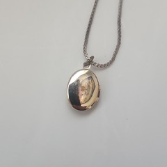 Oval Cameo Locket Pendant Necklace Silver Tone White Orange Stone