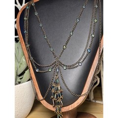 Layered Chain Necklace with Iridescent Beads and Tassel Charm