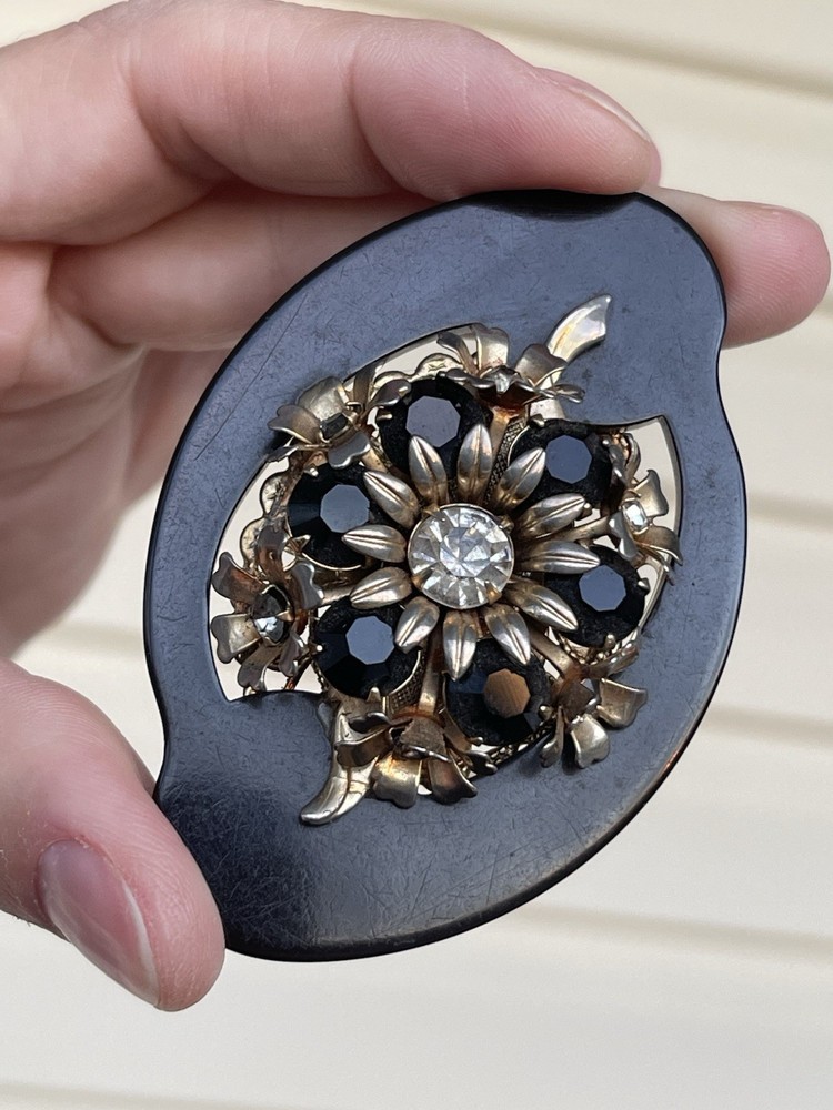 Vintage Bakelite Brooch Irregular Shape Rhinestones Gold Tone Czech Large