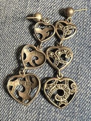Old Vintage Dangle Sterling Silver Triple Heart Marcasite Earrings
