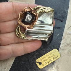 Vintage Onyx Mixed Metal Brooch Gold Silver Copper Black Onyx Gem Modernist 2”