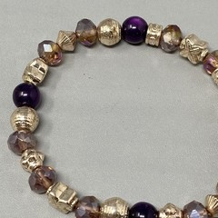 Glass Beaded Bracelet Pink Purple Faceted Fire Polished Acrylic Gold Tone 6.5″