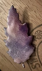 Vintage/Antique Copper Enamel Handmade Red Oak Leaf Brooch Pin PURPLE/PINK
