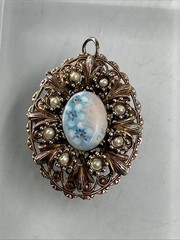 Vtg HandPainted Gold Tone Blue Flower Guilloche Enamel/Faux Pearl Enamel Pendant