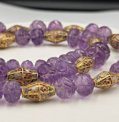 Vtg Chinese Carved Amethyst Bead & Gold Cloisonne Necklace, 168 grams, 30″ Long