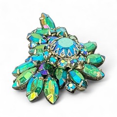 Vintage 1950s Peacock AB Emerald Rhinestone Brooch Silver Tone Marquise Chaton
