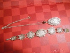 VTG Mother Of Pearl Filagree Silver Floral Link Panel Bracelet &Matching Pendant