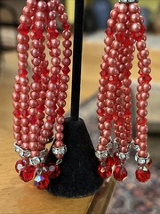 Vintage Super Long Dangle Drop Red Crystal Rivoli Pink Pearl Clip On Earrings