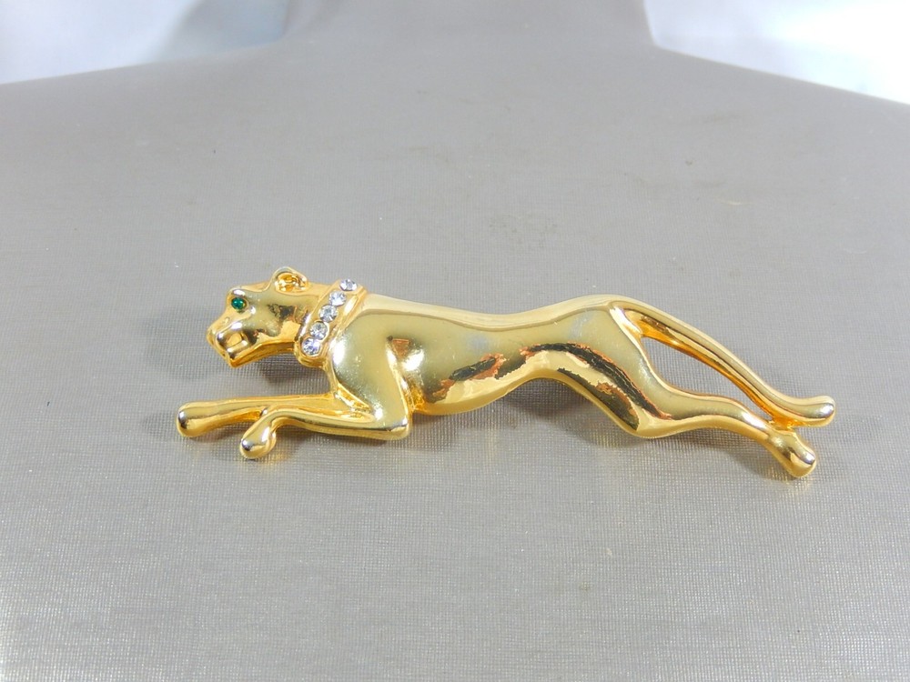 VTG JACKIE COLLINS PANTHER JUNGLE CAT GOLD TONE RHINESTONE LARGE 3.58″ BROOCH