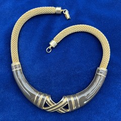 Lanvin Paris Gold Tone Mesh & Brown Enamel Choker Necklace 15” Vintage Signed
