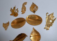 Vintage Thailand SIAM Bronze Gold-tone Niello Brooch Pins Lot of 9 L84