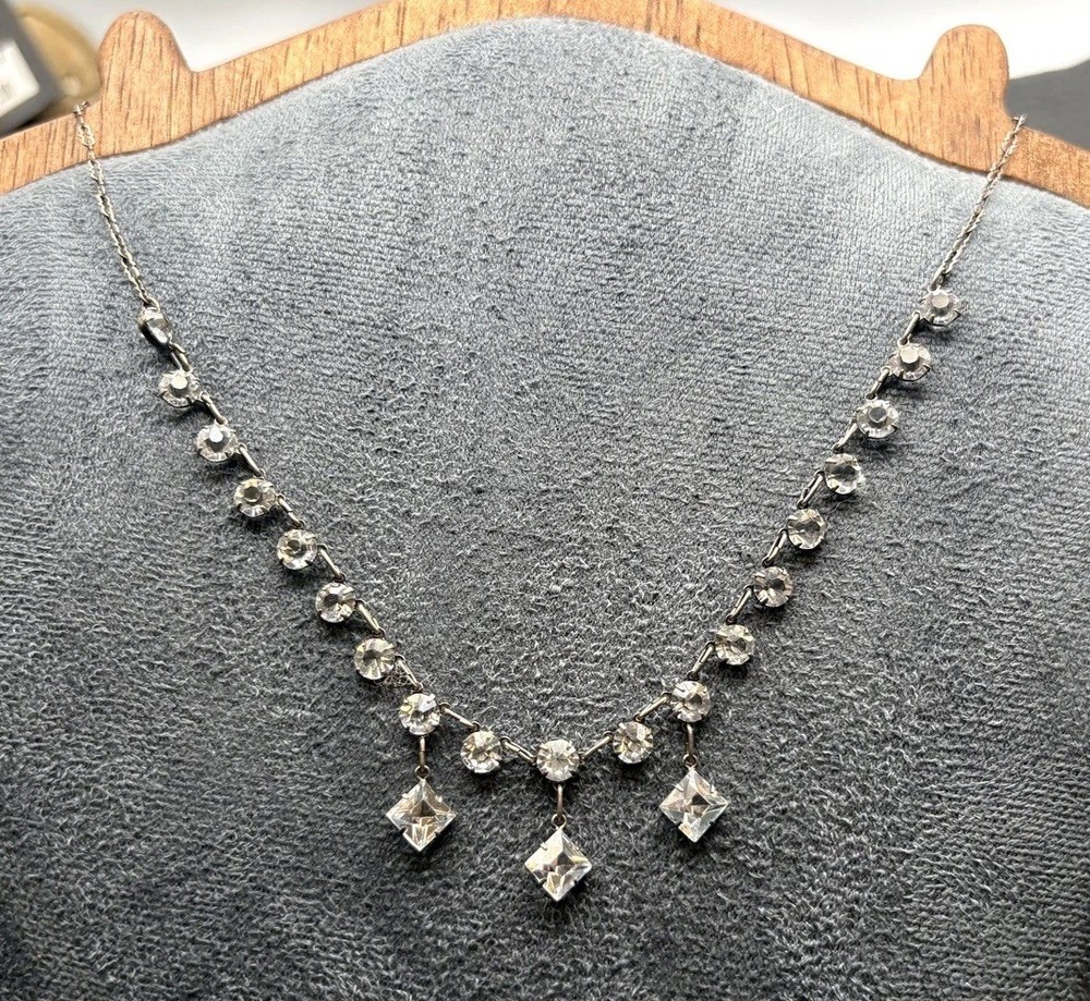 Vintage Art Deco Sterling Silver Open Back Crystal Choker Necklace Dangle 16”