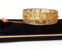 Antique Italian Gilt Silver Filigree Panel Bracelet, Natural Salmon Coral Drops