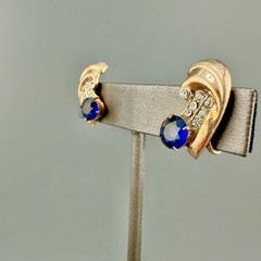 Vintage Sterling Rhinestone Earrings Blue Faux Sapphire Screw Back Mid Century