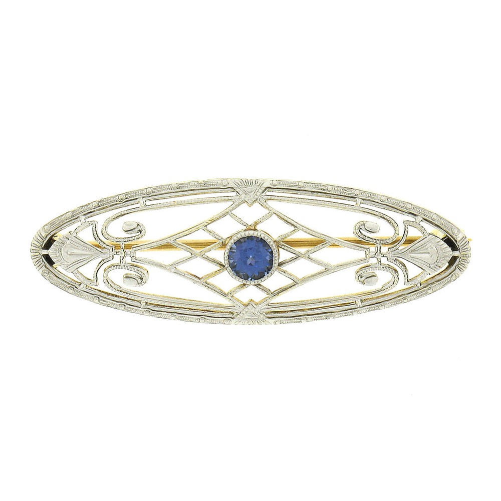 Antique Edwardian Krementz 14k Gold Montana Sapphire Open Filigree Oval Brooch