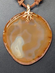 Vintage Carnelian Agate Slab Pendant Necklace Wood Bead Leather Cord 22″ Boho