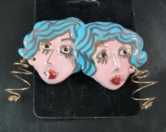One of a Kind Quirky Porcelain Enamel Earrings of a Artistic Woman’s Face 1 3/4″