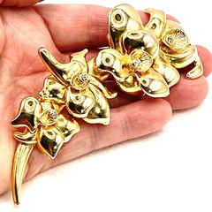 Vintage Estate Goldtone 3D Brooch Flowers Lilies Crystals Heavy Long Statement Q