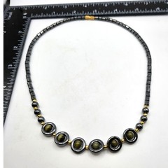 Vintage Necklace Hematite Black Gray Tiger Eye Beads Artisan Style 16″ SKU 2359