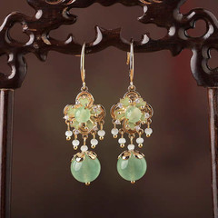 Vintage Green Jade Tassel Earrings Chinese Style Dangle Earrings For Women-