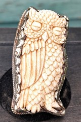 Vintage Ring/Scarf Clip Ornate Carved Owl Set in Etched Silver – 1960s