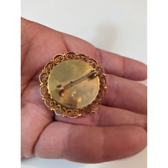 VTG Italian Micro mosiac brooch pin ornate filagree round yellow & floral marked