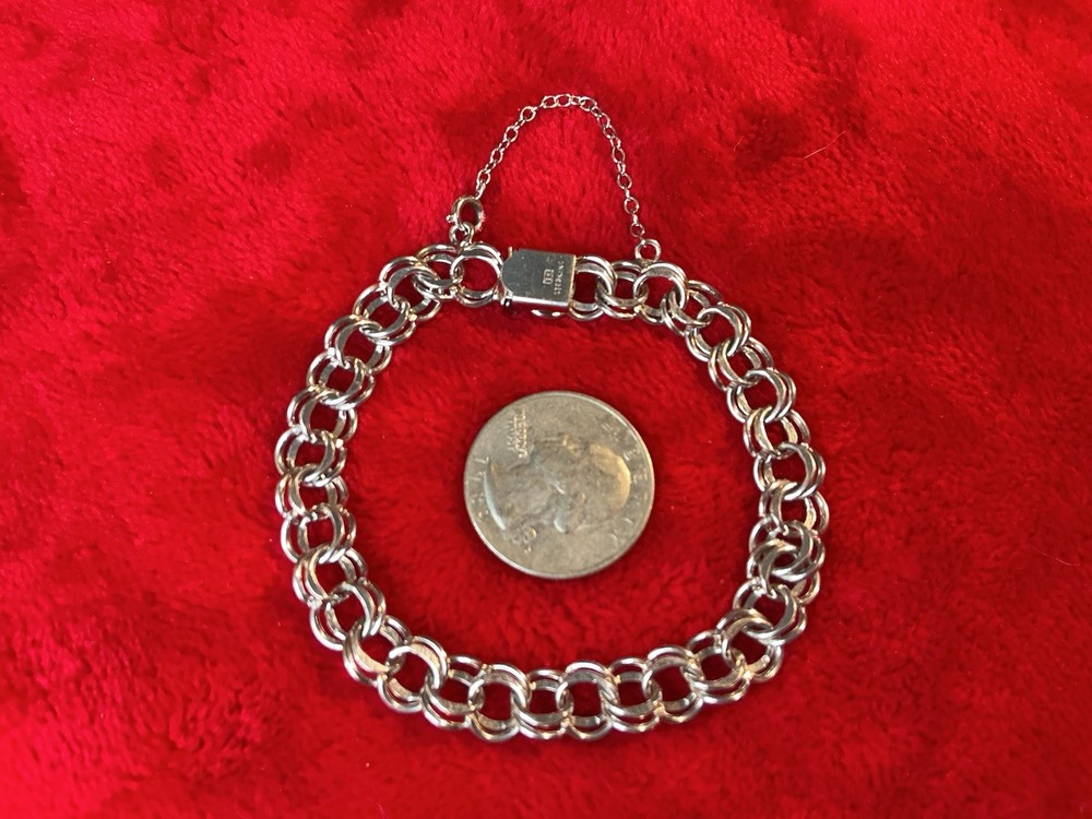 Vintage Sterling Silver Double Link Bracelet w/Locking Clasp & Safety Chain