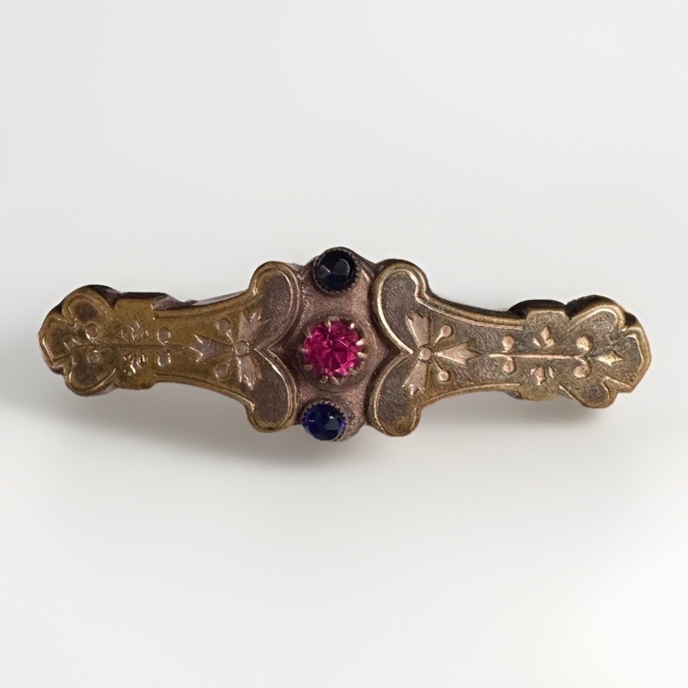 Antique Victorian Revival Gold-Tone Bar Brooch Red Blue Glass Stones c1900