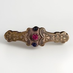 Antique Victorian Revival Gold-Tone Bar Brooch Red Blue Glass Stones c1900
