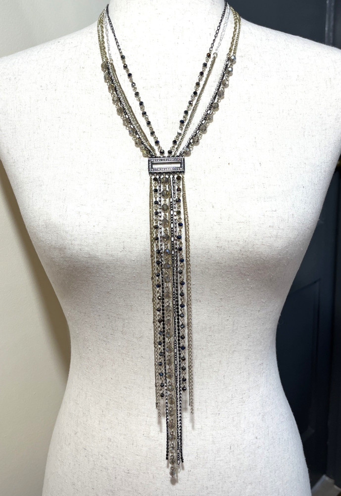 Art Deco 6-Strand Lariat Smoky Quartz Faceted Crystal Necklace w/AB; Dramatic!