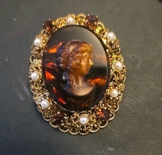 Vintage West Germany Topaz Rhinestone Cameo Filigree Pin Brooch