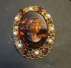 Vintage West Germany Topaz Rhinestone Cameo Filigree Pin Brooch