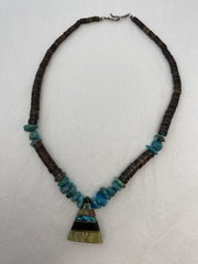 Santo Domingo Inlay Turquoise Heishi Necklace Turq Blue Green Pendant