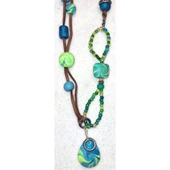 Boho Polymer Clay Green Blue Statement Necklace Earrings Bracelet Set Lot