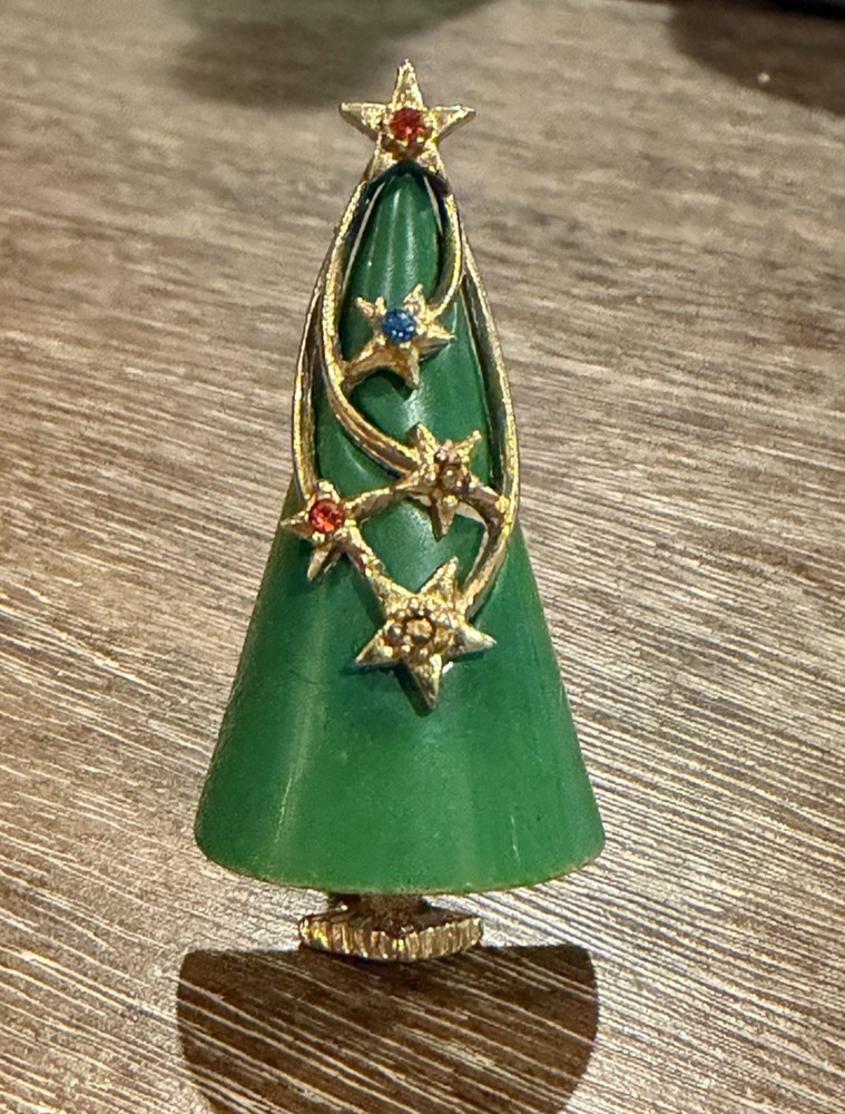 ARTHUR PEPPER ART MCM CHRISTMAS TREE GREEN ENAMEL STAR RHINESTONES 2″ BROOCH PIN