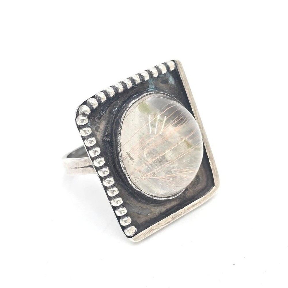 Brutalist Rutilated Quartz Sterling Silver Statement Ring Sz 7 Vintage Artisan