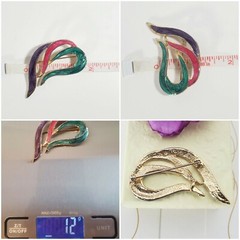 Vintage 1980s Pearlescent Enamel BROOCH EARRING Gold Tone Purple Fushia Teal
