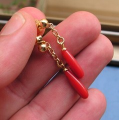 Earrings coral red genuine untreated blood of ox gold Italy drop heart