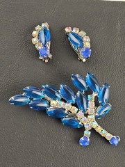 Vintage Blue AB Rhinestone Brooch and Earring Set