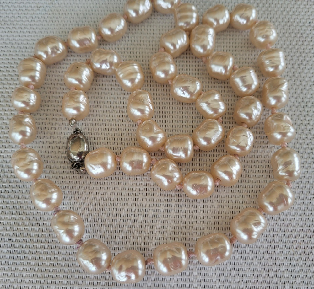 Vintage Signed Les Bernard Baroque Faux Pearls Cream Hand Knotted 29”Necklace
