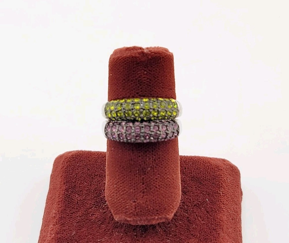 Vtg Ring 2pc Sz 6 Set Dark Pink Dark Green Cubic Zirconia Stackable Jewelry