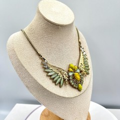 VTG Retro Gold Tone Phoenix Wing Necklace Sage Green & Amber Tone Boho Statement
