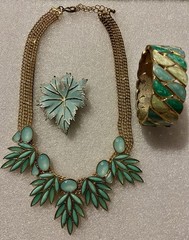 Vintage Teal Blue Green Mint Bib Necklace W/ Matching Cuff Bracelet And Brooch