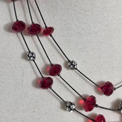 Nine West Multi-Strand Necklace Gunmetal-Tone Chain Red Beads White Rhinestones