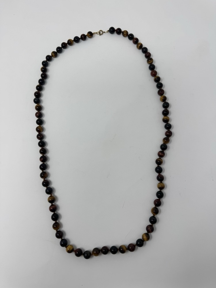 Vintage Single Strand Tigers Eye Beaded Necklace, Gold Tone Lobster Claw Clasp