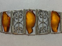 Vintage Soviet USSR Filigree Melchior Panel Bracelet Baltic Amber Honey Cognac