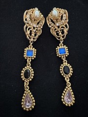 Vintage drop earrings blue and lavender sand faux pearl stones 3.5 inches long