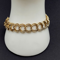 Fancy Double Circular Link Fancy Curb Shiny Gold Tone Vintage Chain Bracelet