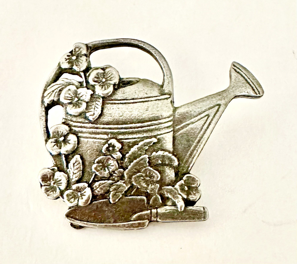 SIGNED Birds & Blooms Garden Watering Can Brooch LE 2000 Silver Tone 1.5”